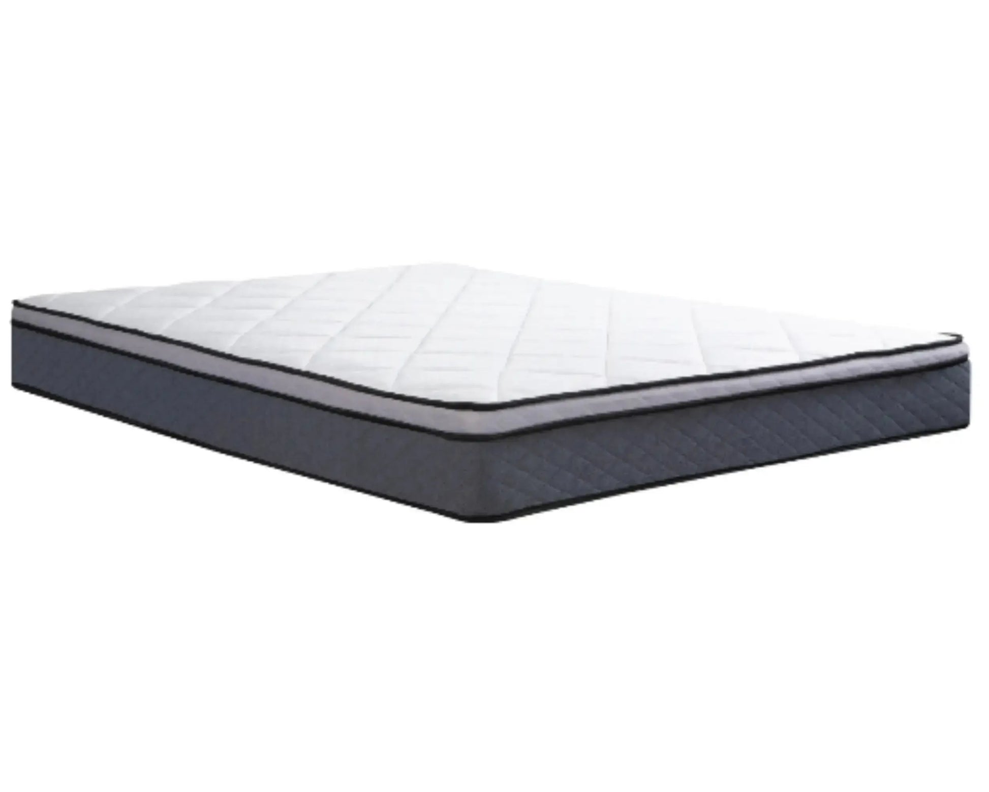 Mattress with a white top and dark gray sides on a white background