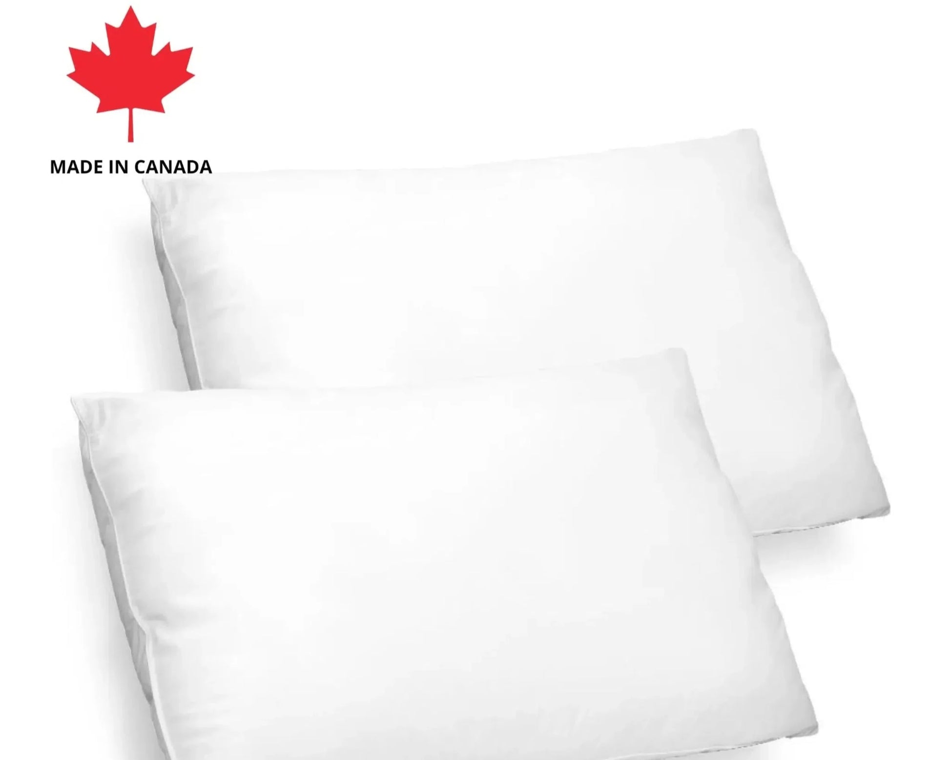 Two white bed pillows made in Canada by Haven Sleep Co., displayed on a white background with a red maple leaf icon and 'Made in Canada'